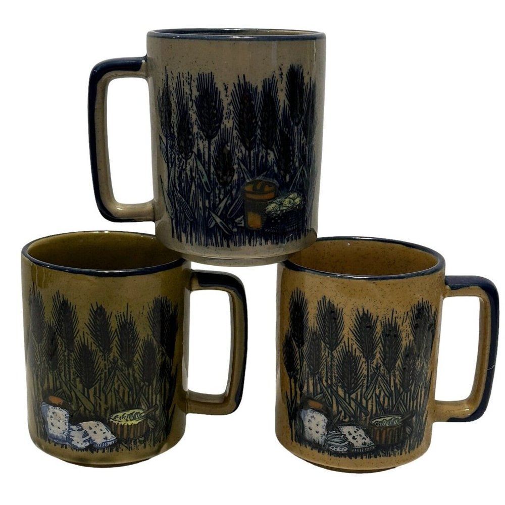 3 VTG Otagiri Wheat Field Coffee Mug Tea Cup Hand Painted Speckle Stoneware